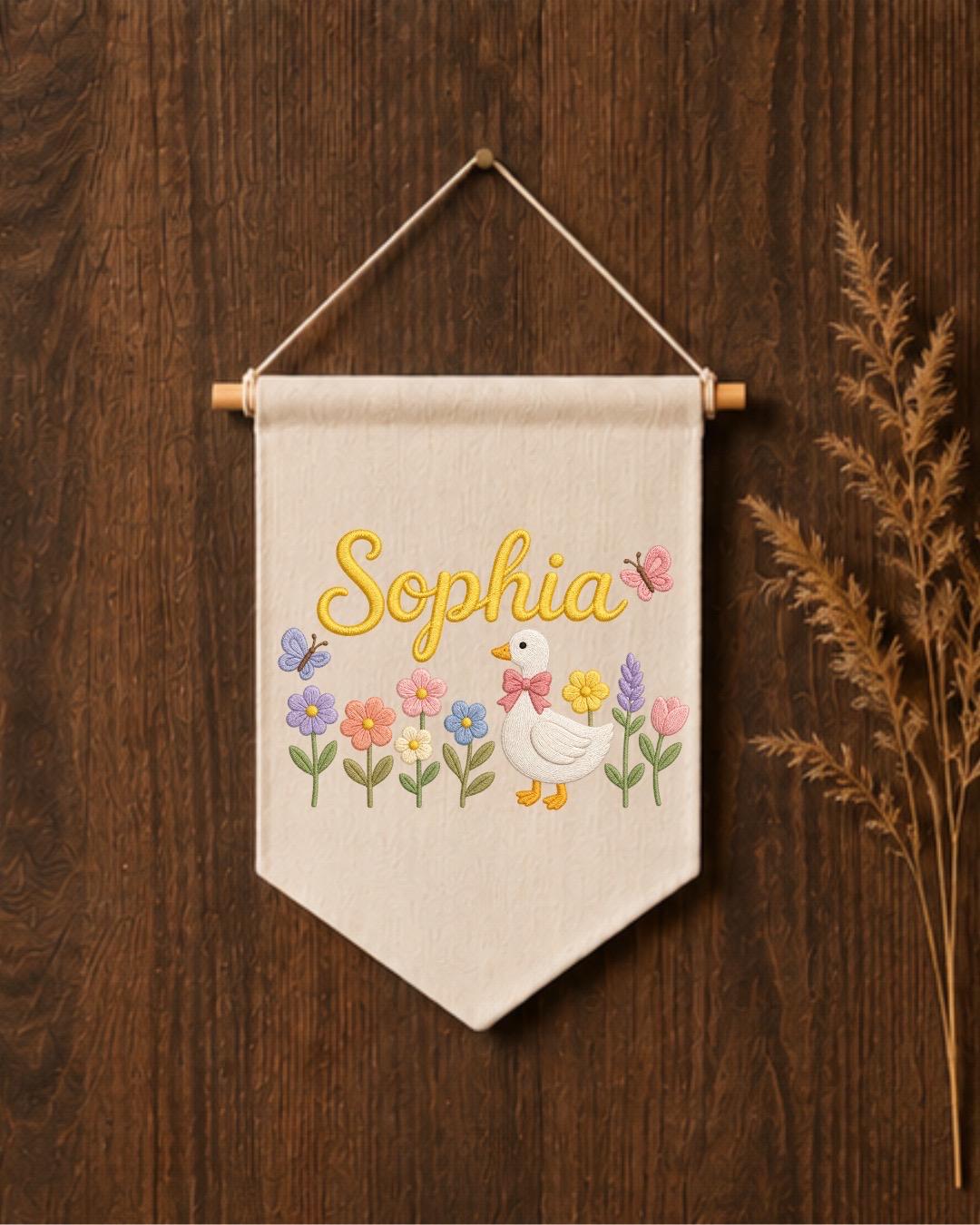 Personalized Baby Birth Stats Wall Hanging, Custom Name Embroidered Nursery Banner, Floral Butterfly Newborn Keepsake, Baby Girl Gift