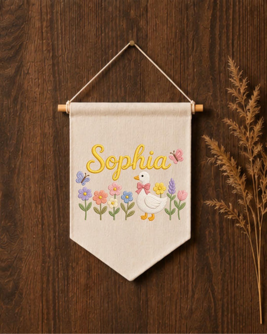 Personalized Baby Birth Stats Wall Hanging, Custom Name Embroidered Nursery Banner, Floral Butterfly Newborn Keepsake, Baby Girl Gift