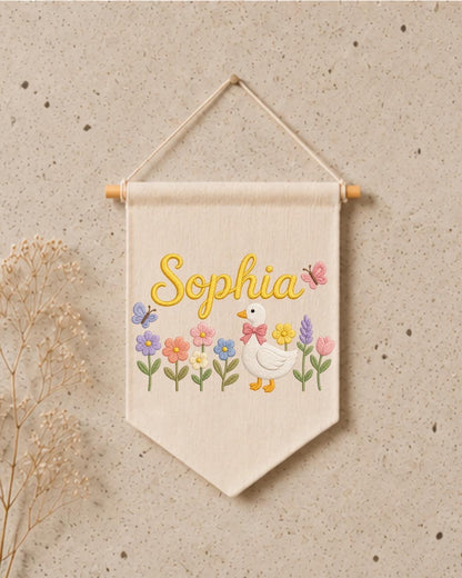 Personalized Baby Birth Stats Wall Hanging, Custom Name Embroidered Nursery Banner, Floral Butterfly Newborn Keepsake, Baby Girl Gift