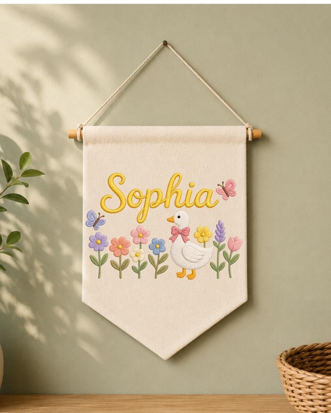 Personalized Baby Birth Stats Wall Hanging, Custom Name Embroidered Nursery Banner, Floral Butterfly Newborn Keepsake, Baby Girl Gift