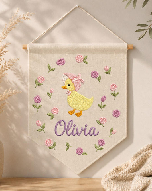 Personalized Duck Nursery Wall Hanging, Custom Name Embroidered Banner, Floral Baby Girl Room Decor, Cottagecore Nursery Gift