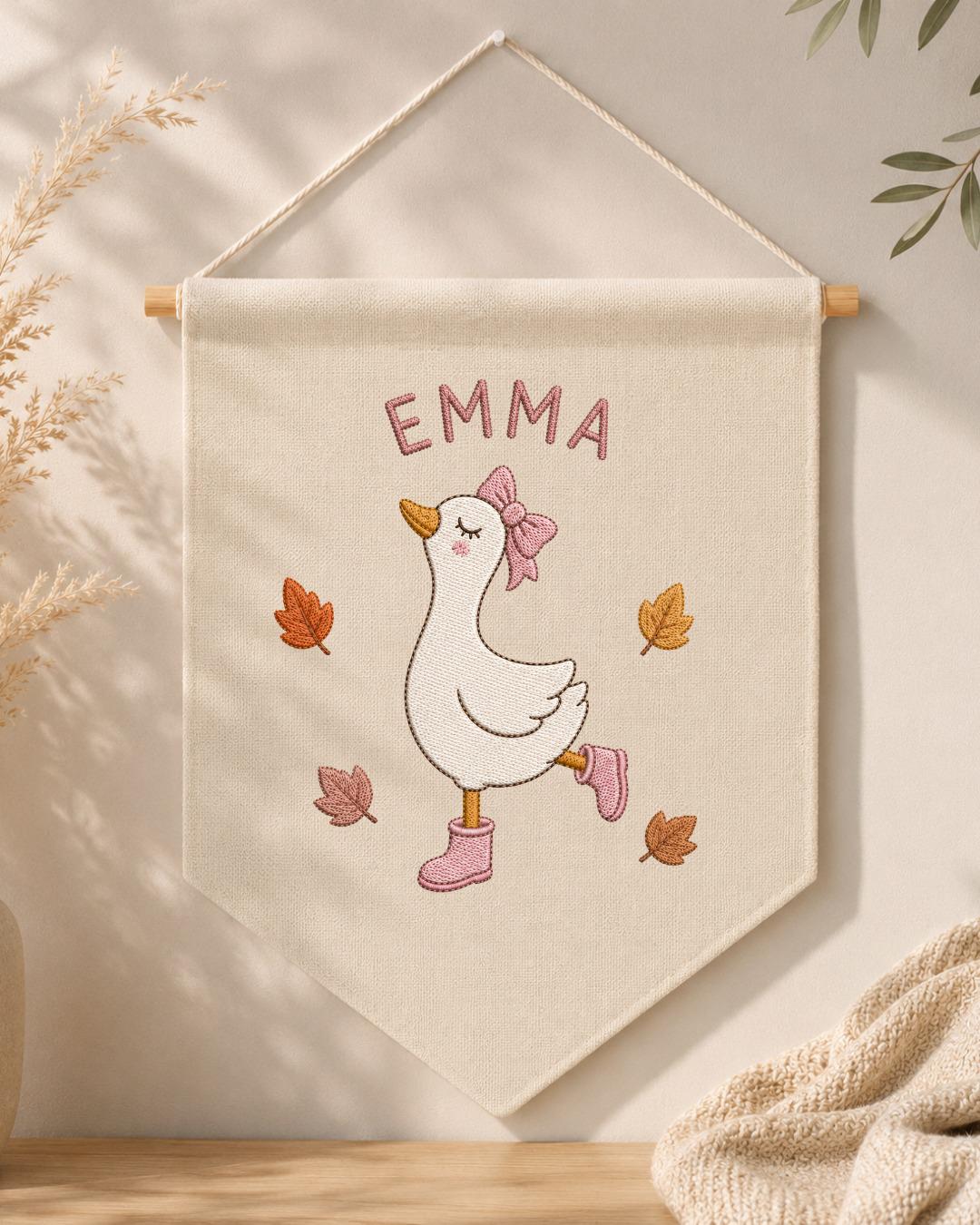 Personalized Goose Nursery Wall Hanging, Custom Name Embroidered Banner, Autumn Baby Girl Room Decor, Fall Goose Baby Shower Gift