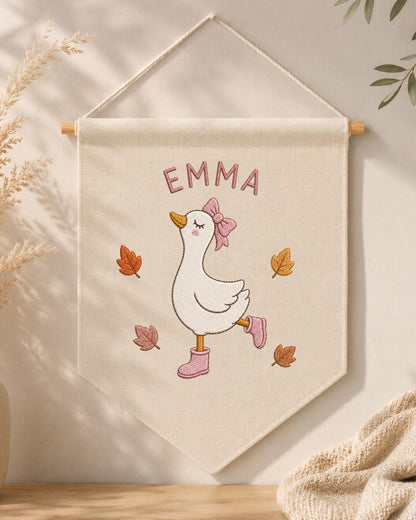 Personalized Goose Nursery Wall Hanging, Custom Name Embroidered Banner, Autumn Baby Girl Room Decor, Fall Goose Baby Shower Gift