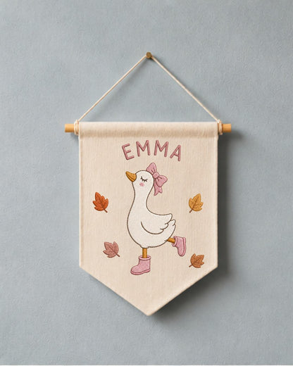 Personalized Goose Nursery Wall Hanging, Custom Name Embroidered Banner, Autumn Baby Girl Room Decor, Fall Goose Baby Shower Gift