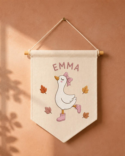 Personalized Goose Nursery Wall Hanging, Custom Name Embroidered Banner, Autumn Baby Girl Room Decor, Fall Goose Baby Shower Gift