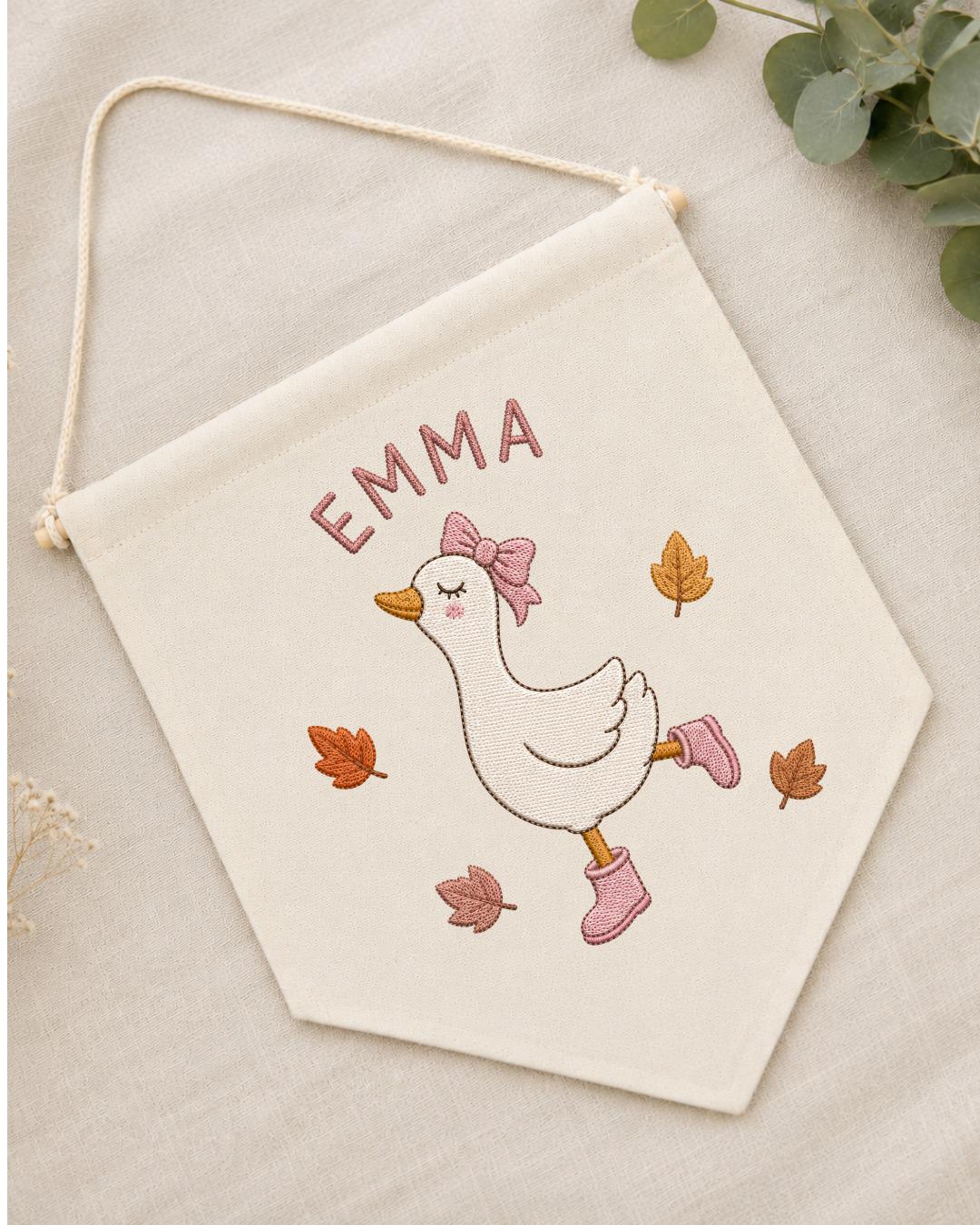 Personalized Goose Nursery Wall Hanging, Custom Name Embroidered Banner, Autumn Baby Girl Room Decor, Fall Goose Baby Shower Gift