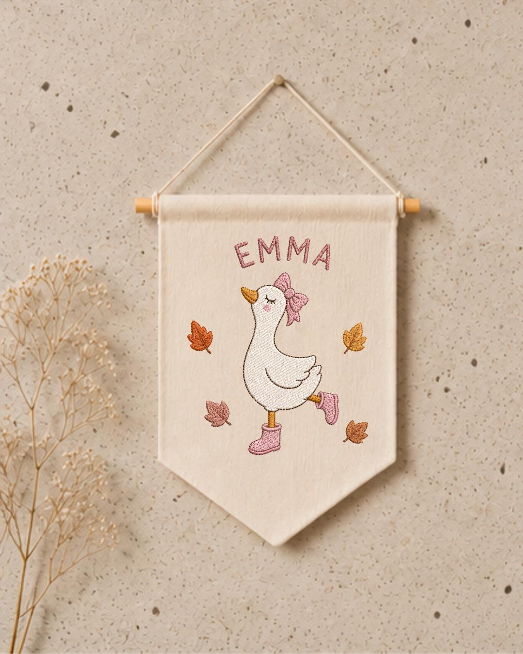 Personalized Goose Nursery Wall Hanging, Custom Name Embroidered Banner, Autumn Baby Girl Room Decor, Fall Goose Baby Shower Gift
