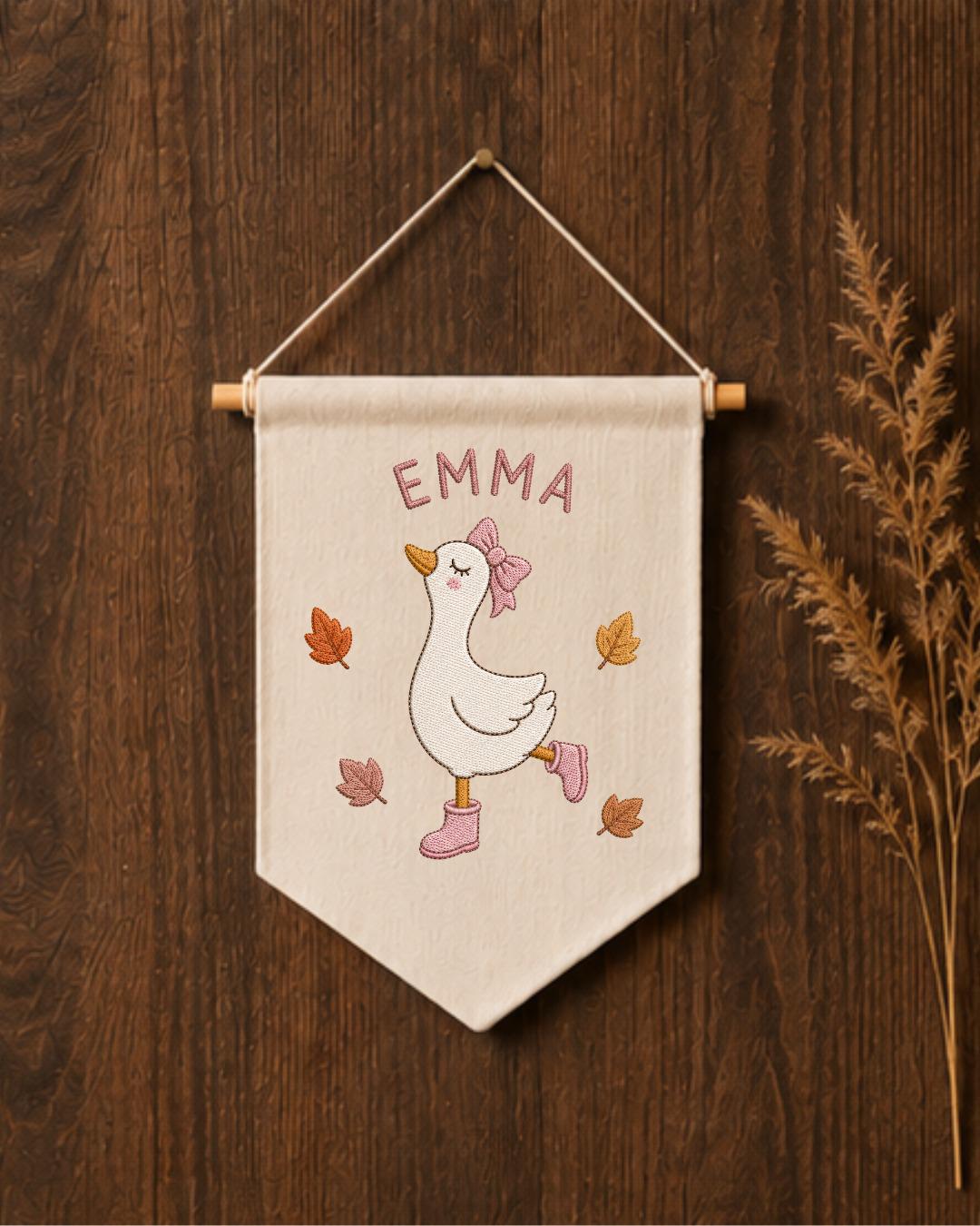 Personalized Goose Nursery Wall Hanging, Custom Name Embroidered Banner, Autumn Baby Girl Room Decor, Fall Goose Baby Shower Gift