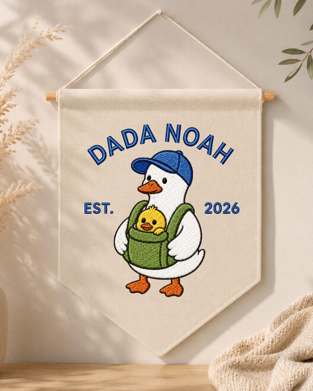 Personalized Dada Goose Wall Hanging, Custom Dad Name Embroidered Banner, New Dad Gift, Baby Announcement Nursery Decor, Est 2026