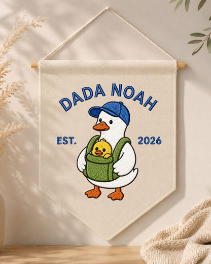 Personalized Dada Goose Wall Hanging, Custom Dad Name Embroidered Banner, New Dad Gift, Baby Announcement Nursery Decor, Est 2026
