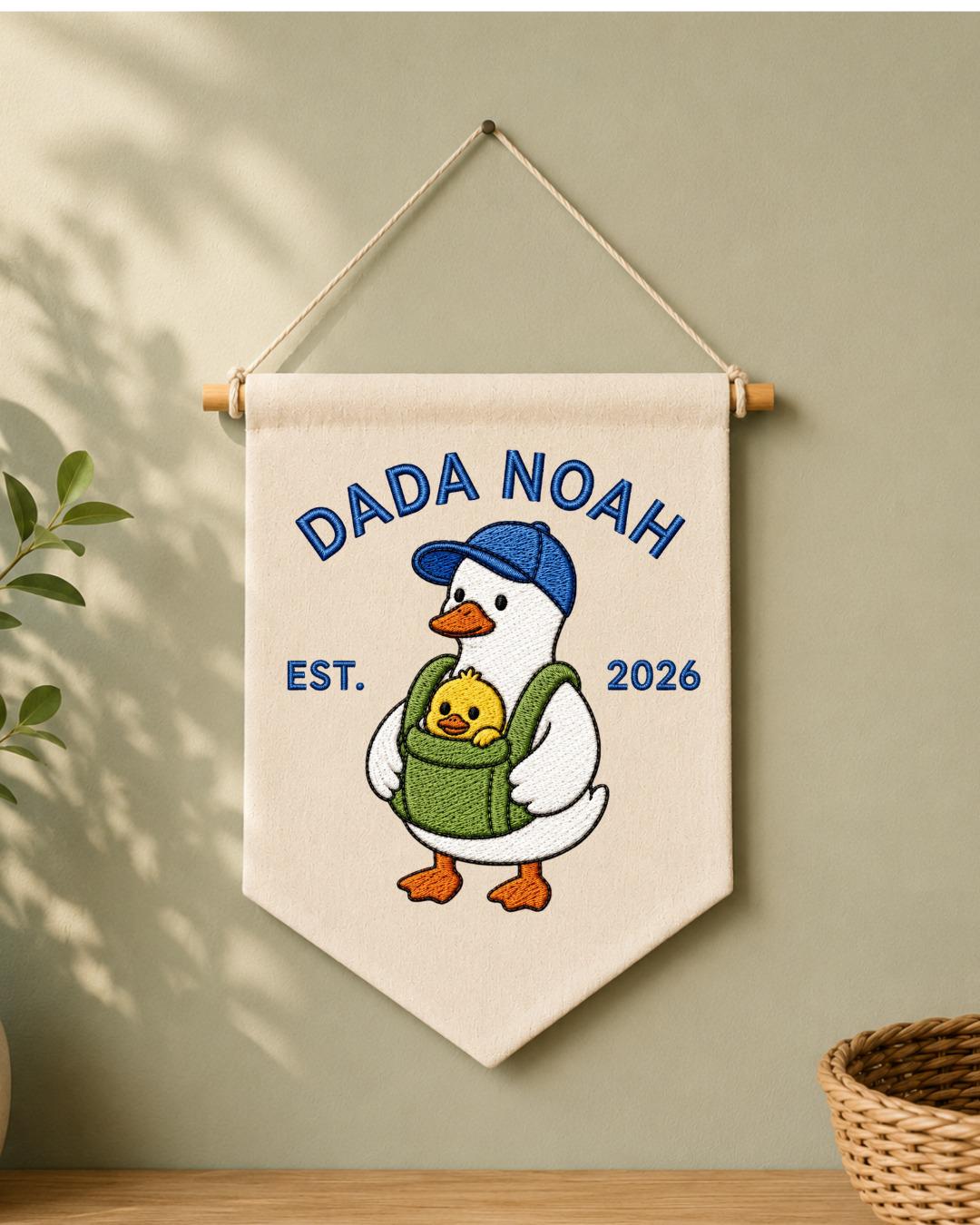 Personalized Dada Goose Wall Hanging, Custom Dad Name Embroidered Banner, New Dad Gift, Baby Announcement Nursery Decor, Est 2026