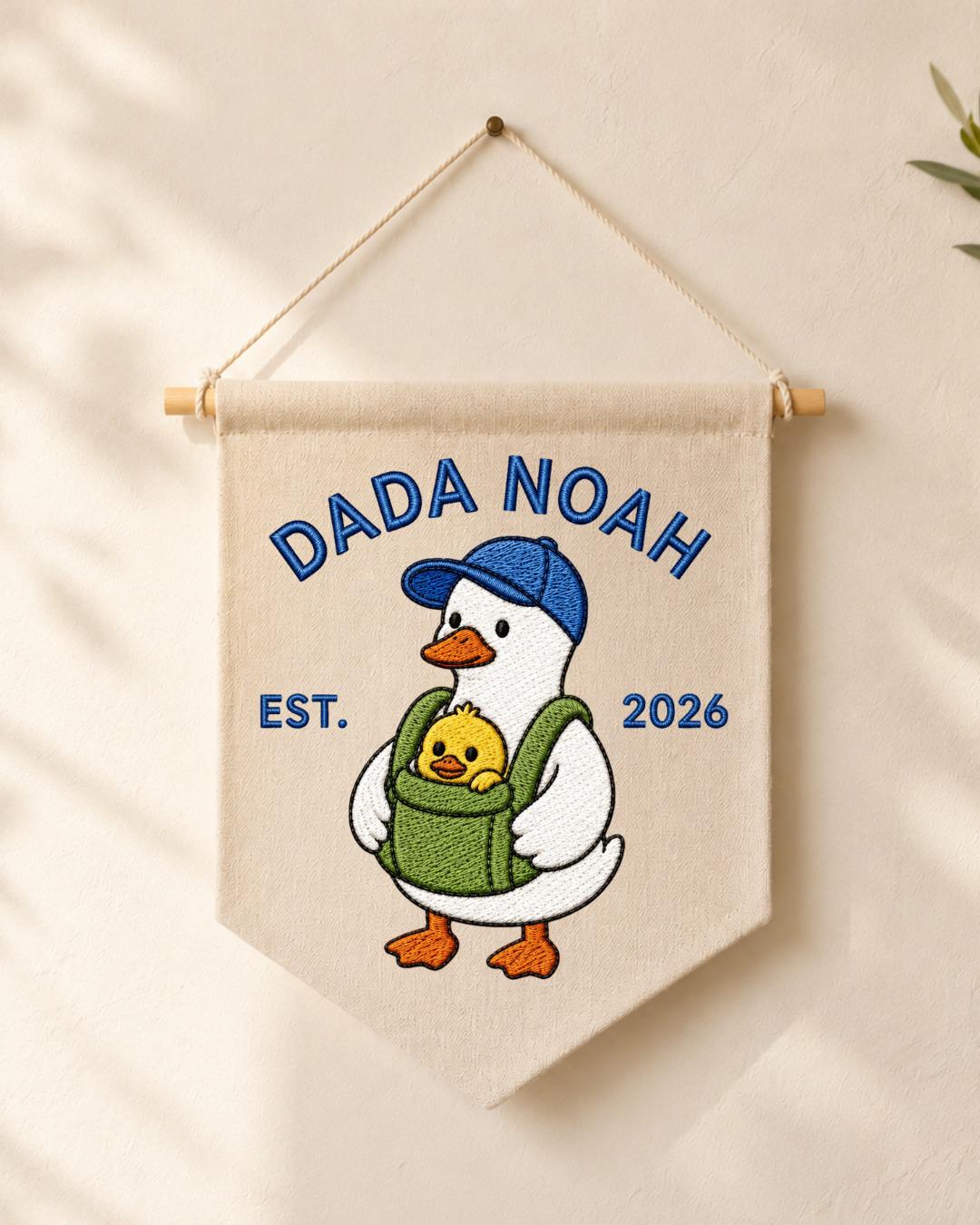 Personalized Dada Goose Wall Hanging, Custom Dad Name Embroidered Banner, New Dad Gift, Baby Announcement Nursery Decor, Est 2026