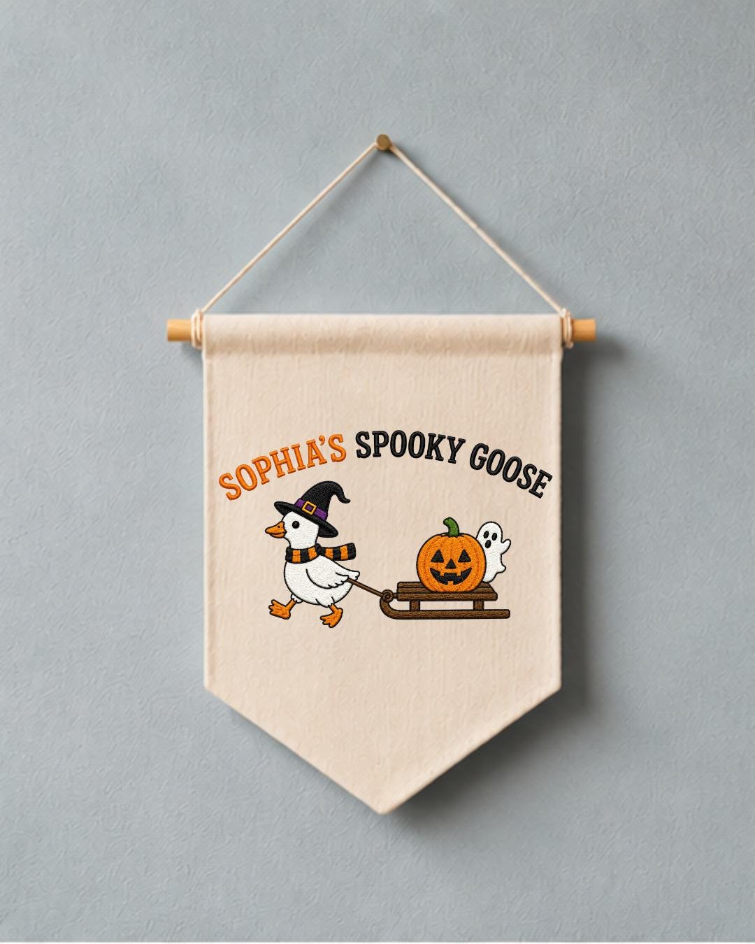 Personalized Halloween Goose Wall Hanging, Custom Name Embroidered Banner, Spooky Goose Nursery Decor, Pumpkin Ghost Fall Kids Room Gift