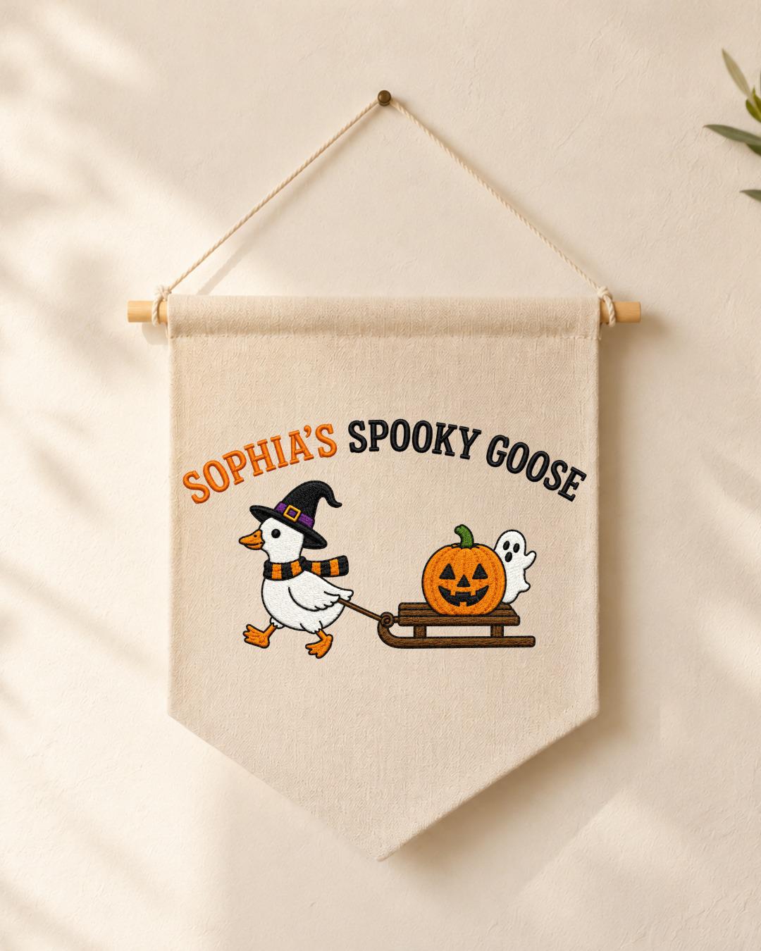 Personalized Halloween Goose Wall Hanging, Custom Name Embroidered Banner, Spooky Goose Nursery Decor, Pumpkin Ghost Fall Kids Room Gift