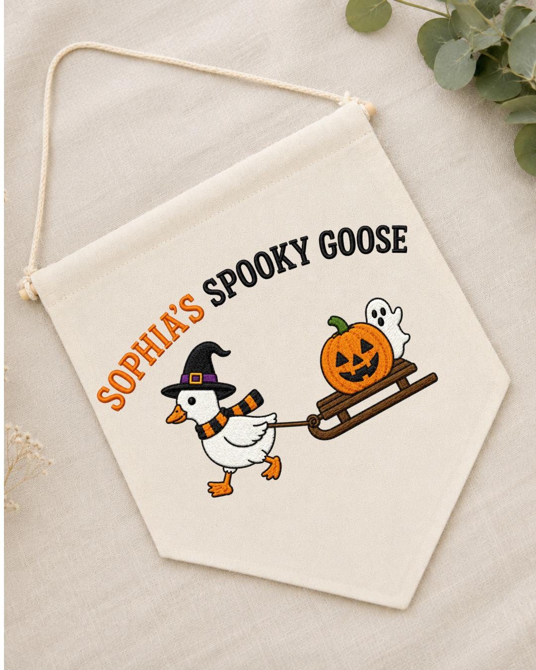 Personalized Halloween Goose Wall Hanging, Custom Name Embroidered Banner, Spooky Goose Nursery Decor, Pumpkin Ghost Fall Kids Room Gift