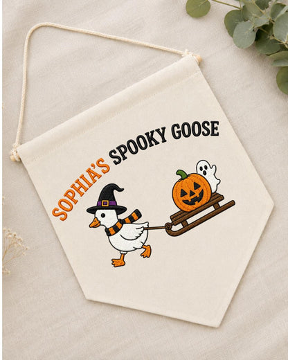 Personalized Halloween Goose Wall Hanging, Custom Name Embroidered Banner, Spooky Goose Nursery Decor, Pumpkin Ghost Fall Kids Room Gift