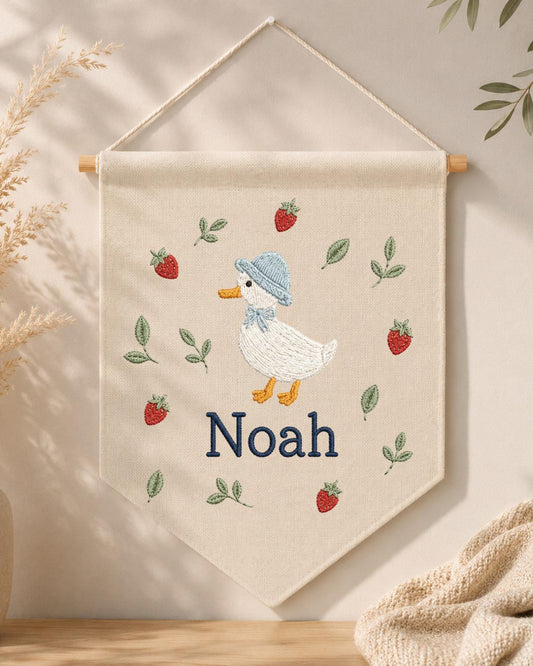 Personalized Duck Nursery Wall Hanging, Custom Name Embroidered Banner, Strawberry Baby Room Decor, Cottagecore Goose Nursery Gift