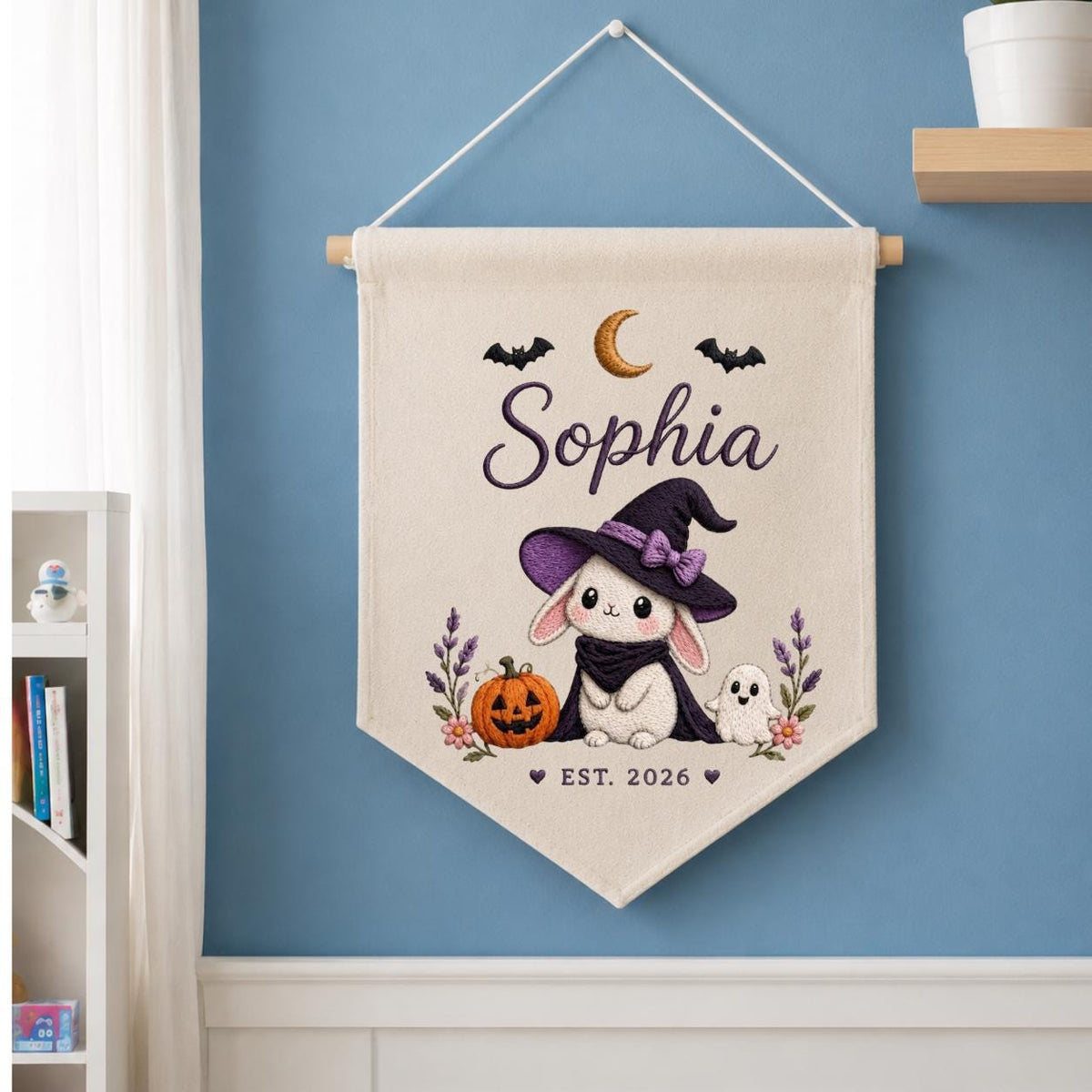 Personalized Witch Bunny Halloween Banner, Custom Embroidered Name Wall Hanging