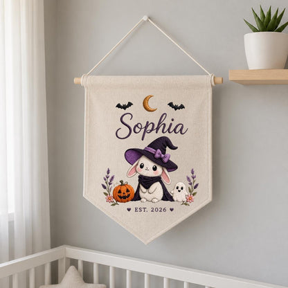 Personalized Witch Bunny Halloween Banner, Custom Embroidered Name Wall Hanging