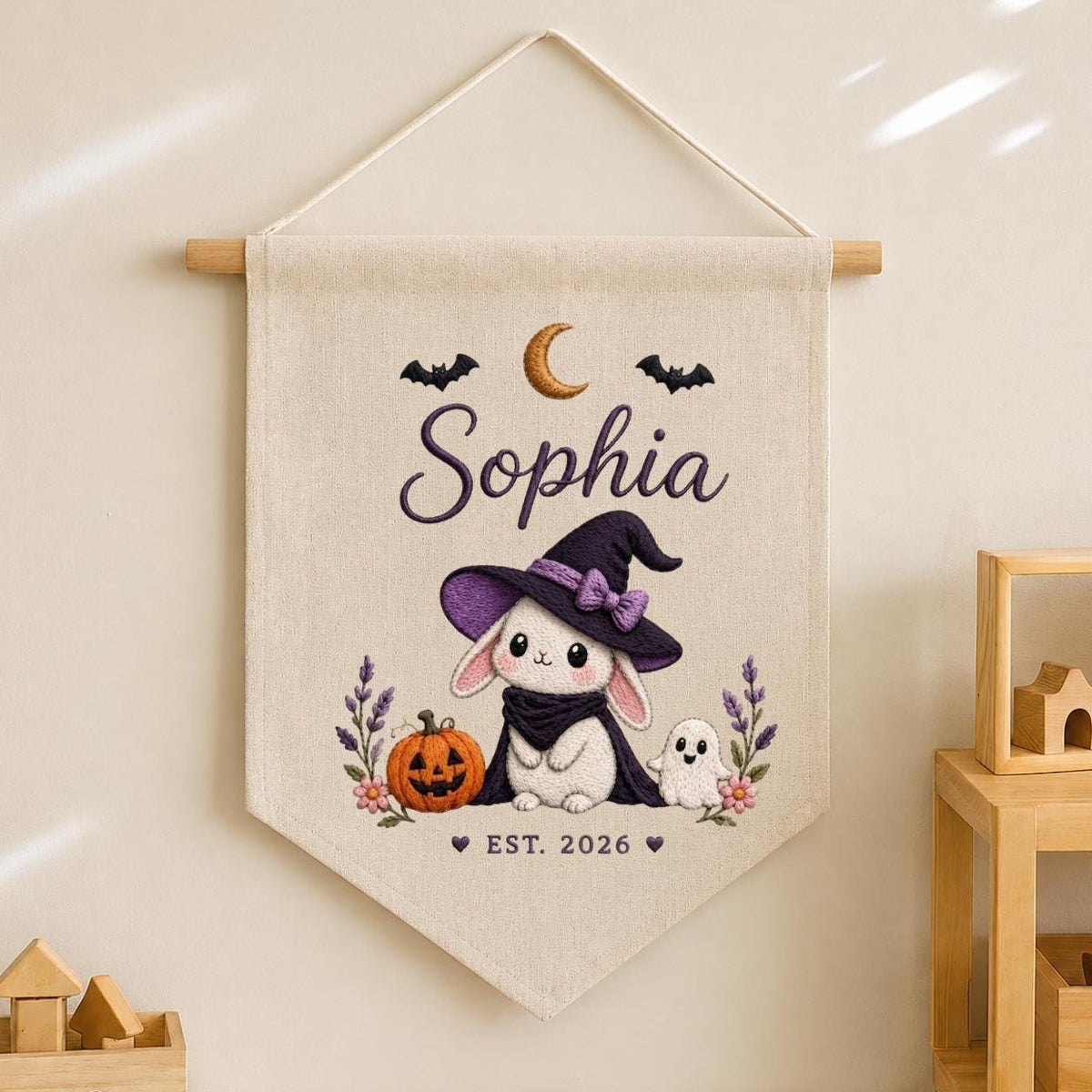 Personalized Witch Bunny Halloween Banner, Custom Embroidered Name Wall Hanging