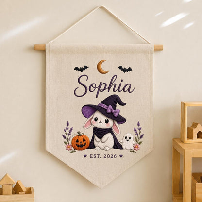 Personalized Witch Bunny Halloween Banner, Custom Embroidered Name Wall Hanging