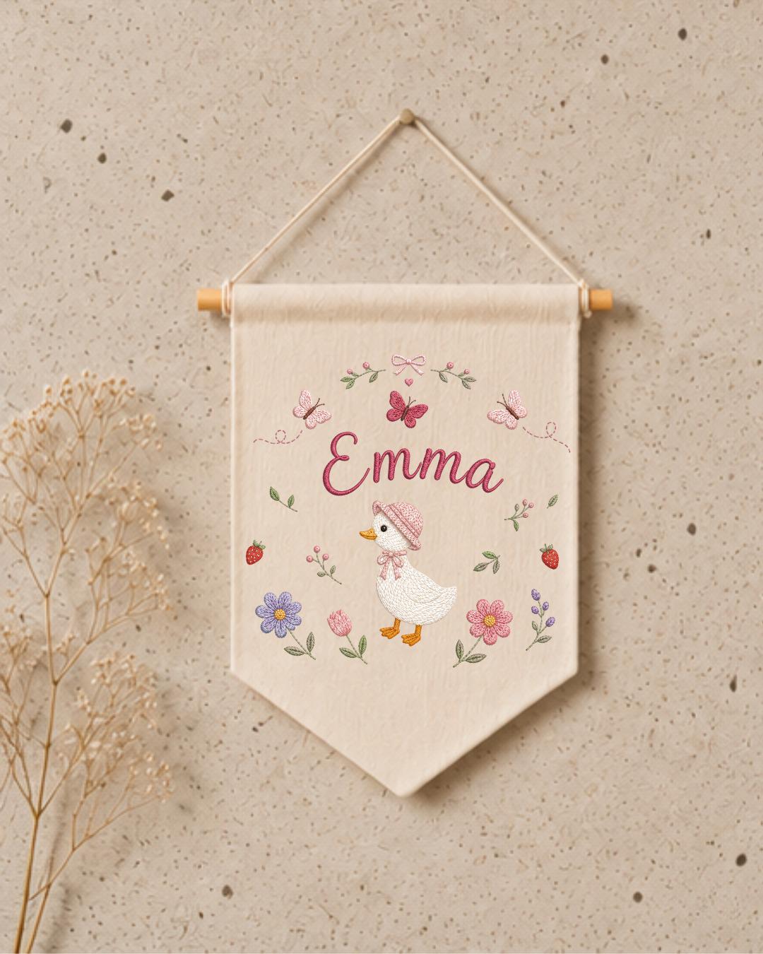 Personalized Goose Nursery Wall Hanging, Custom Name Embroidered Banner, Floral Baby Girl Room Decor, Baby Shower Gift