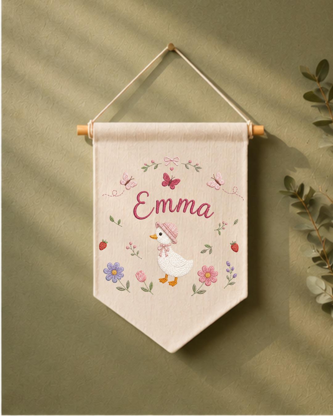 Personalized Goose Nursery Wall Hanging, Custom Name Embroidered Banner, Floral Baby Girl Room Decor, Baby Shower Gift
