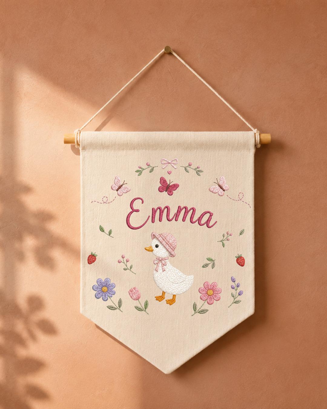 Personalized Goose Nursery Wall Hanging, Custom Name Embroidered Banner, Floral Baby Girl Room Decor, Baby Shower Gift