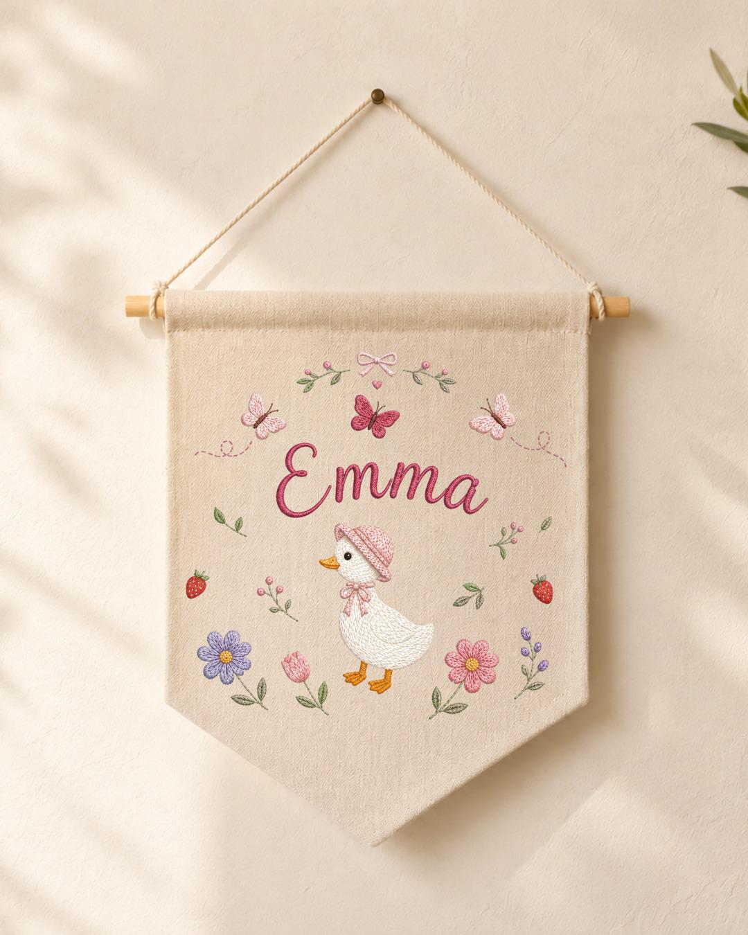 Personalized Goose Nursery Wall Hanging, Custom Name Embroidered Banner, Floral Baby Girl Room Decor, Baby Shower Gift
