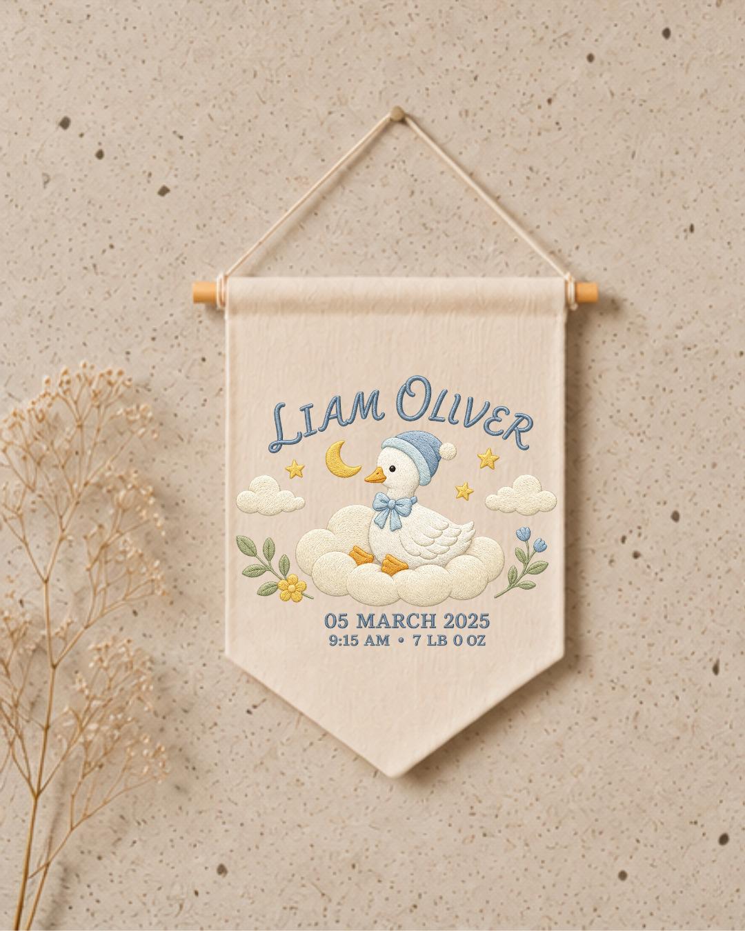 Personalized Baby Birth Stats Wall Hanging, Custom Name Embroidered Goose Banner, Baby Boy Nursery Decor, Newborn Keepsake Gift