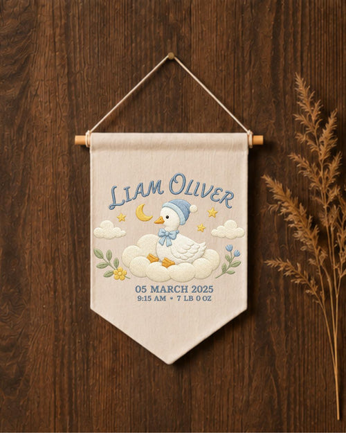 Personalized Baby Birth Stats Wall Hanging, Custom Name Embroidered Goose Banner, Baby Boy Nursery Decor, Newborn Keepsake Gift