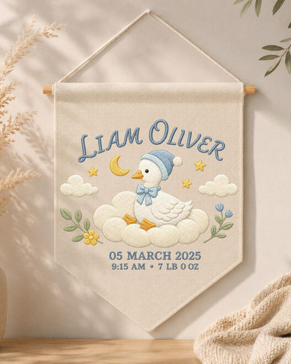 Personalized Baby Birth Stats Wall Hanging, Custom Name Embroidered Goose Banner, Baby Boy Nursery Decor, Newborn Keepsake Gift