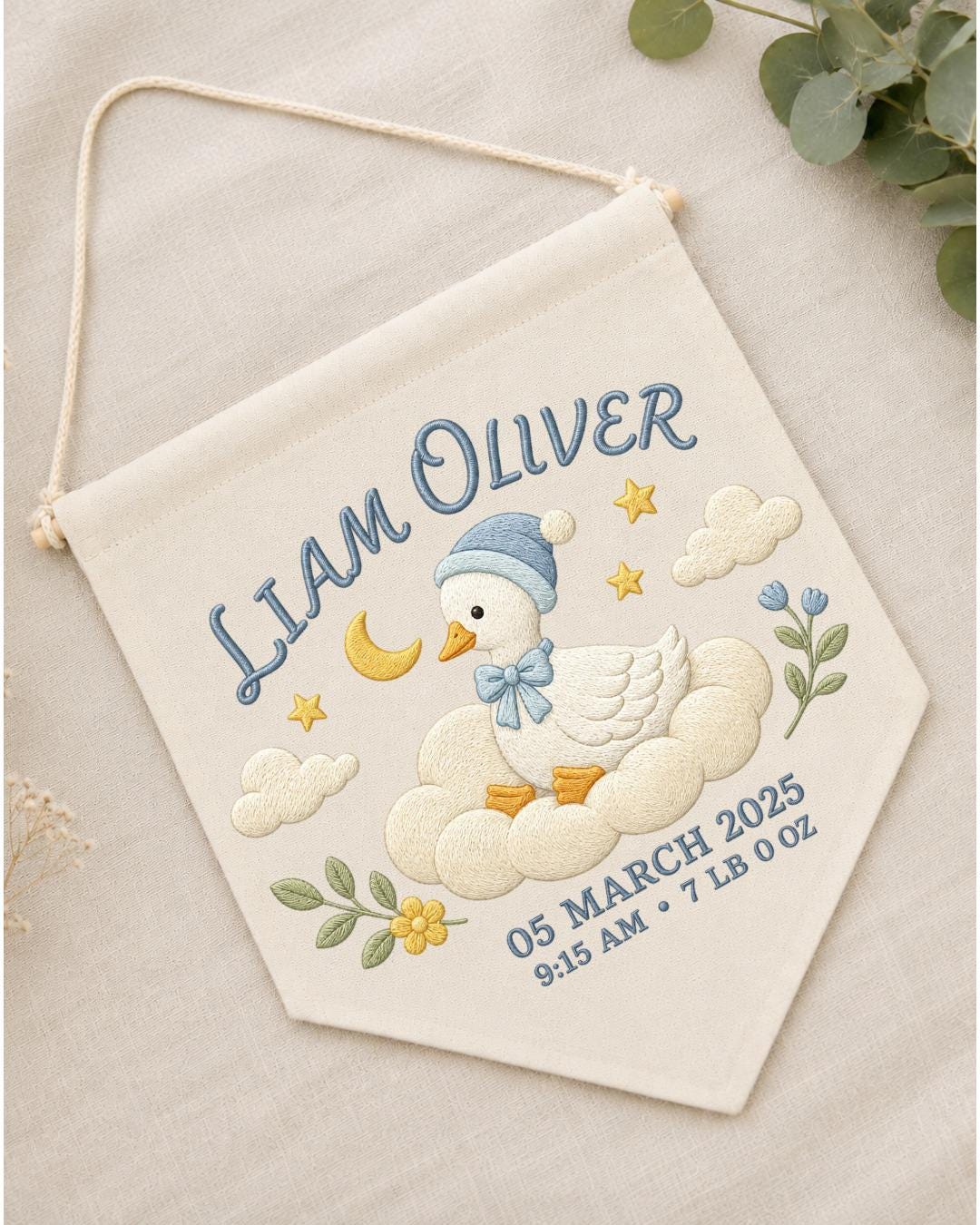 Personalized Baby Birth Stats Wall Hanging, Custom Name Embroidered Goose Banner, Baby Boy Nursery Decor, Newborn Keepsake Gift