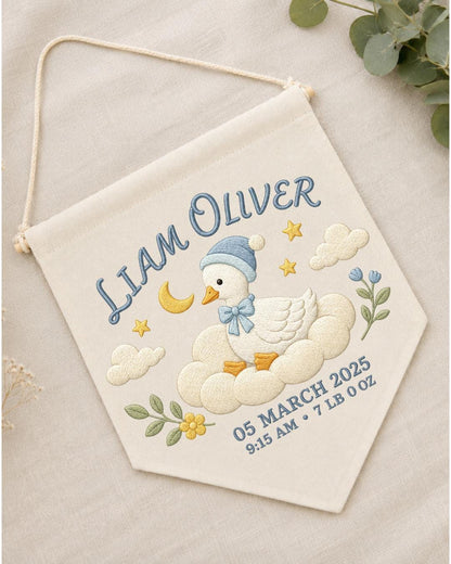 Personalized Baby Birth Stats Wall Hanging, Custom Name Embroidered Goose Banner, Baby Boy Nursery Decor, Newborn Keepsake Gift