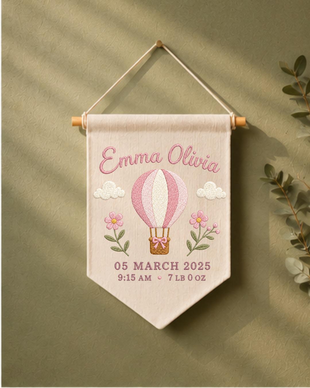 Personalized Baby Birth Stats Wall Hanging, Custom Name Embroidered Hot Air Balloon Banner, Baby Girl Nursery Decor, Newborn Keepsake Gift