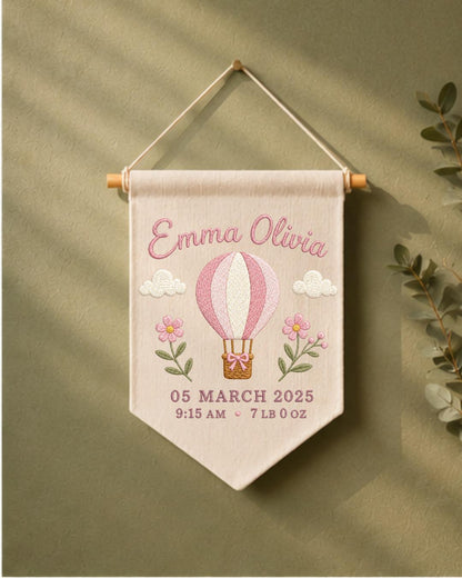 Personalized Baby Birth Stats Wall Hanging, Custom Name Embroidered Hot Air Balloon Banner, Baby Girl Nursery Decor, Newborn Keepsake Gift
