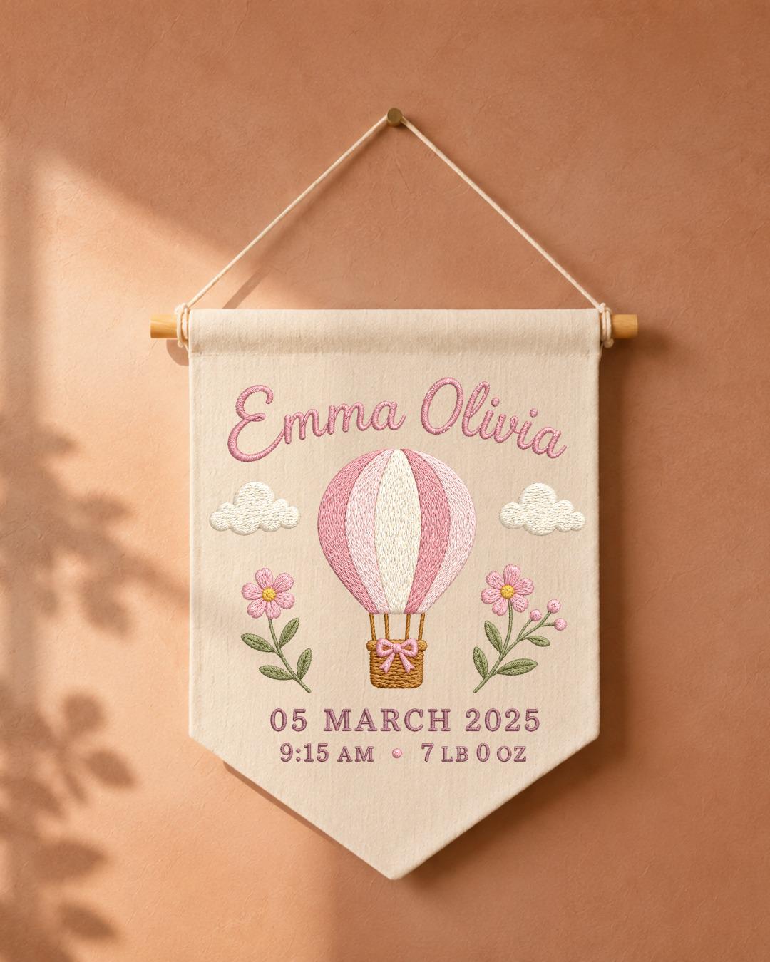 Personalized Baby Birth Stats Wall Hanging, Custom Name Embroidered Hot Air Balloon Banner, Baby Girl Nursery Decor, Newborn Keepsake Gift