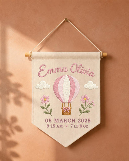 Personalized Baby Birth Stats Wall Hanging, Custom Name Embroidered Hot Air Balloon Banner, Baby Girl Nursery Decor, Newborn Keepsake Gift