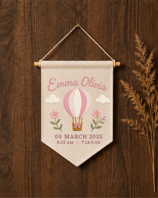 Personalized Baby Birth Stats Wall Hanging, Custom Name Embroidered Hot Air Balloon Banner, Baby Girl Nursery Decor, Newborn Keepsake Gift
