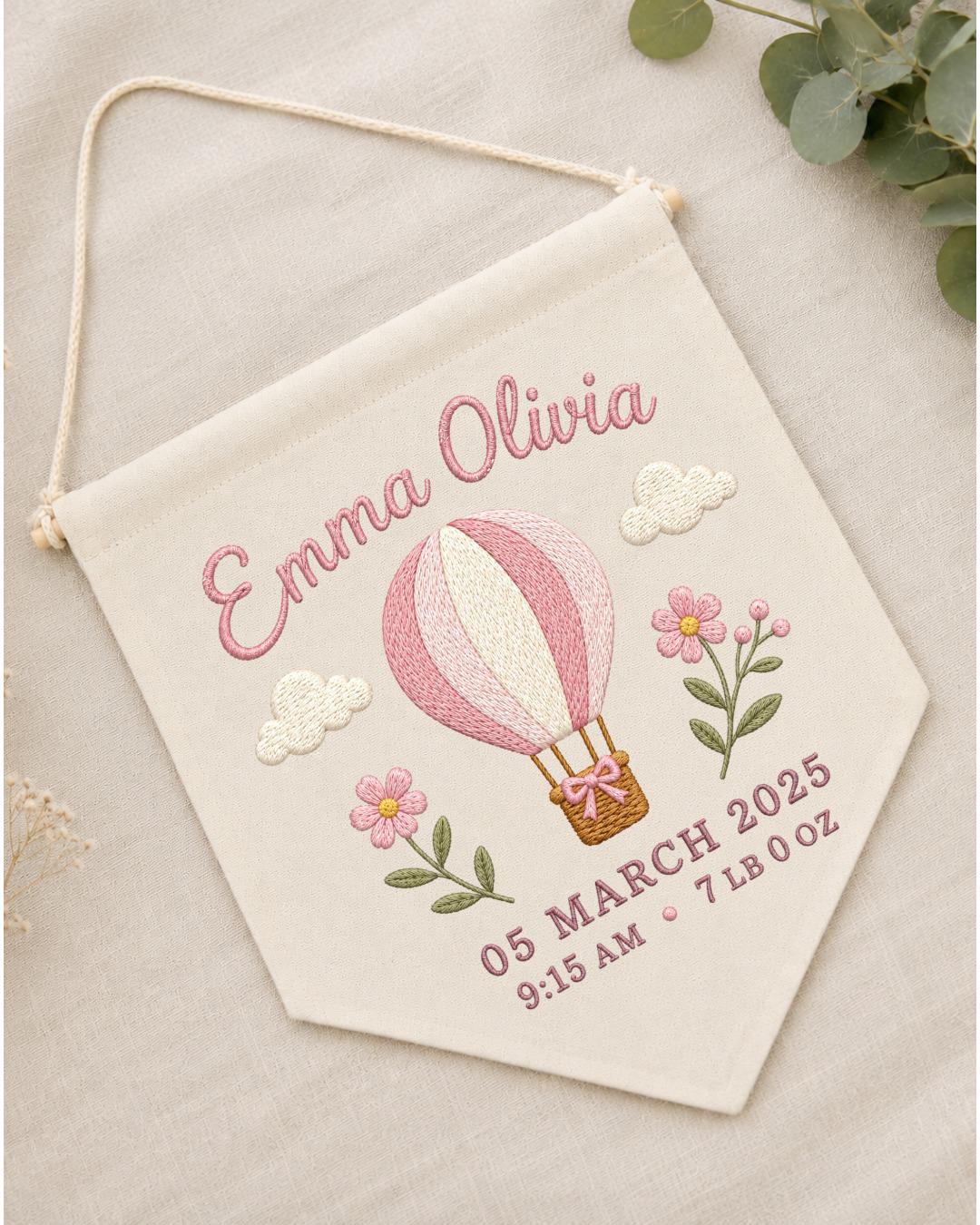 Personalized Baby Birth Stats Wall Hanging, Custom Name Embroidered Hot Air Balloon Banner, Baby Girl Nursery Decor, Newborn Keepsake Gift
