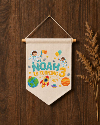 Personalized Space Birthday Wall Hanging, Custom Name Embroidered Astronaut Banner, 3rd Birthday Party Decor, Outer Space Kids Room Gift