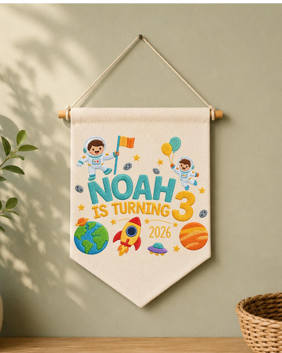 Personalized Space Birthday Wall Hanging, Custom Name Embroidered Astronaut Banner, 3rd Birthday Party Decor, Outer Space Kids Room Gift