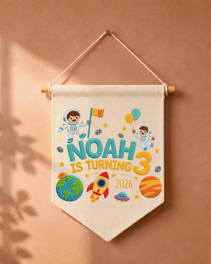 Personalized Space Birthday Wall Hanging, Custom Name Embroidered Astronaut Banner, 3rd Birthday Party Decor, Outer Space Kids Room Gift