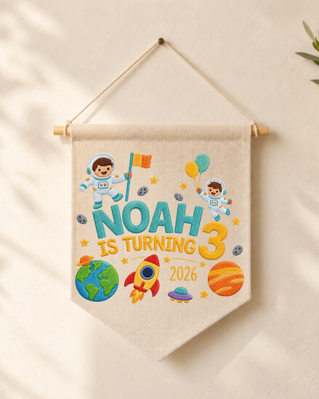 Personalized Space Birthday Wall Hanging, Custom Name Embroidered Astronaut Banner, 3rd Birthday Party Decor, Outer Space Kids Room Gift