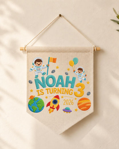 Personalized Space Birthday Wall Hanging, Custom Name Embroidered Astronaut Banner, 3rd Birthday Party Decor, Outer Space Kids Room Gift