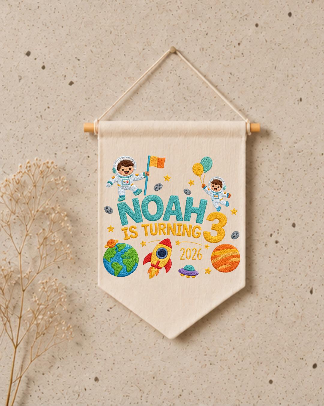 Personalized Space Birthday Wall Hanging, Custom Name Embroidered Astronaut Banner, 3rd Birthday Party Decor, Outer Space Kids Room Gift