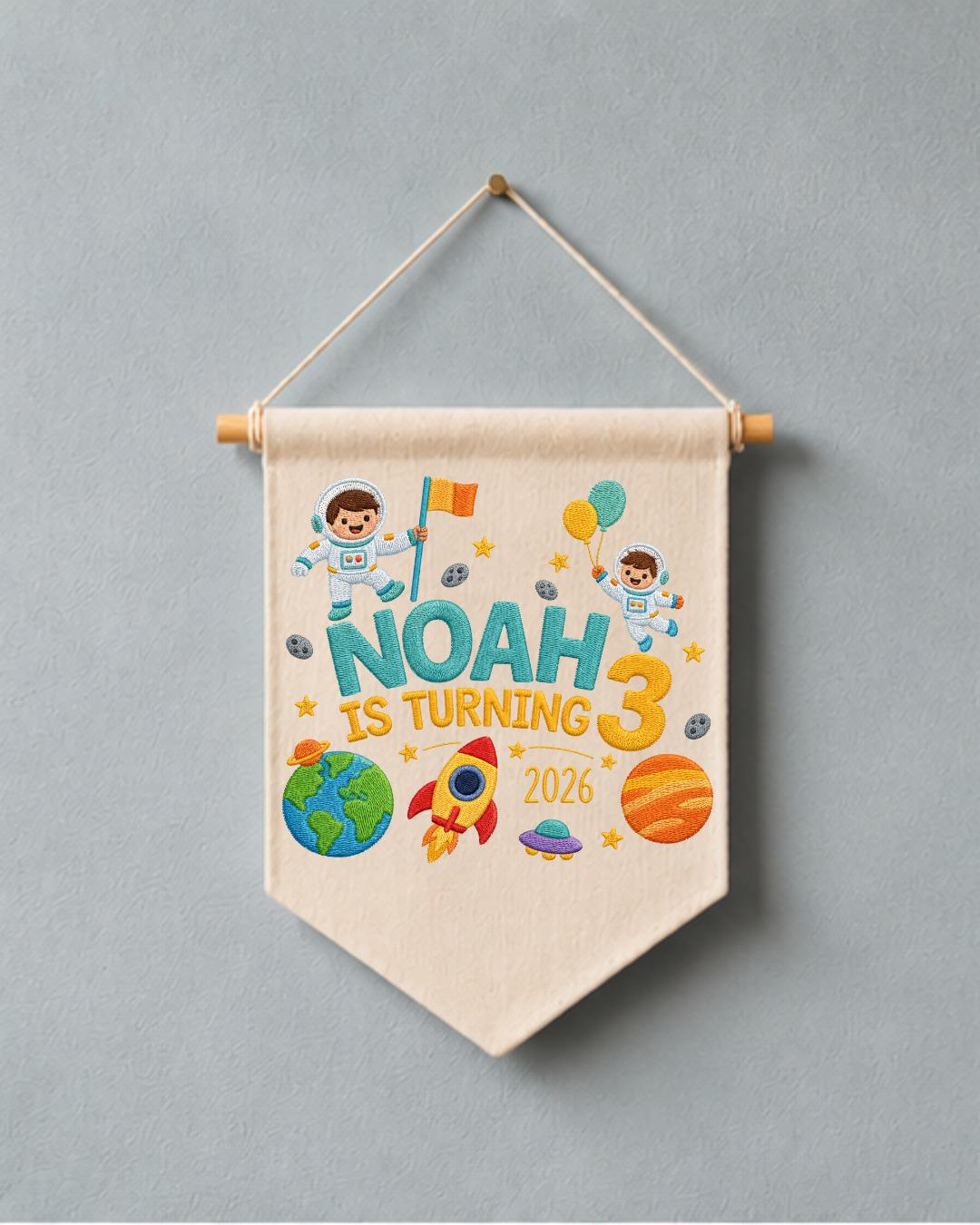 Personalized Space Birthday Wall Hanging, Custom Name Embroidered Astronaut Banner, 3rd Birthday Party Decor, Outer Space Kids Room Gift