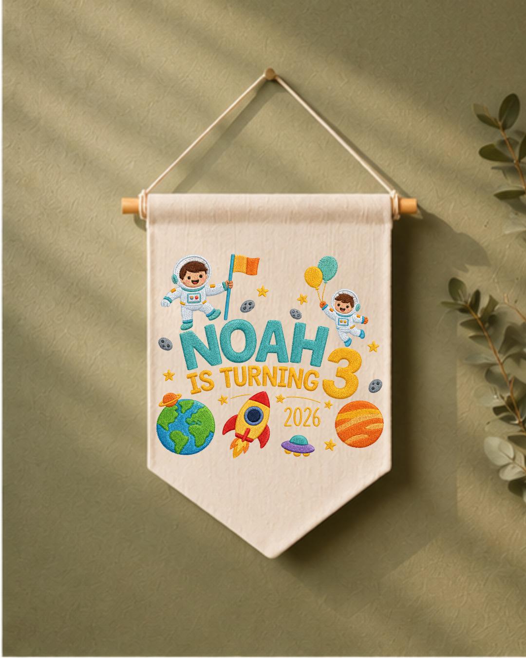 Personalized Space Birthday Wall Hanging, Custom Name Embroidered Astronaut Banner, 3rd Birthday Party Decor, Outer Space Kids Room Gift