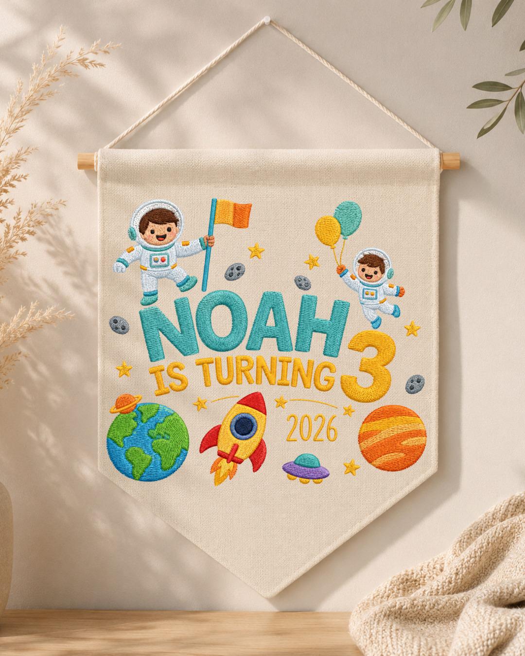 Personalized Space Birthday Wall Hanging, Custom Name Embroidered Astronaut Banner, 3rd Birthday Party Decor, Outer Space Kids Room Gift