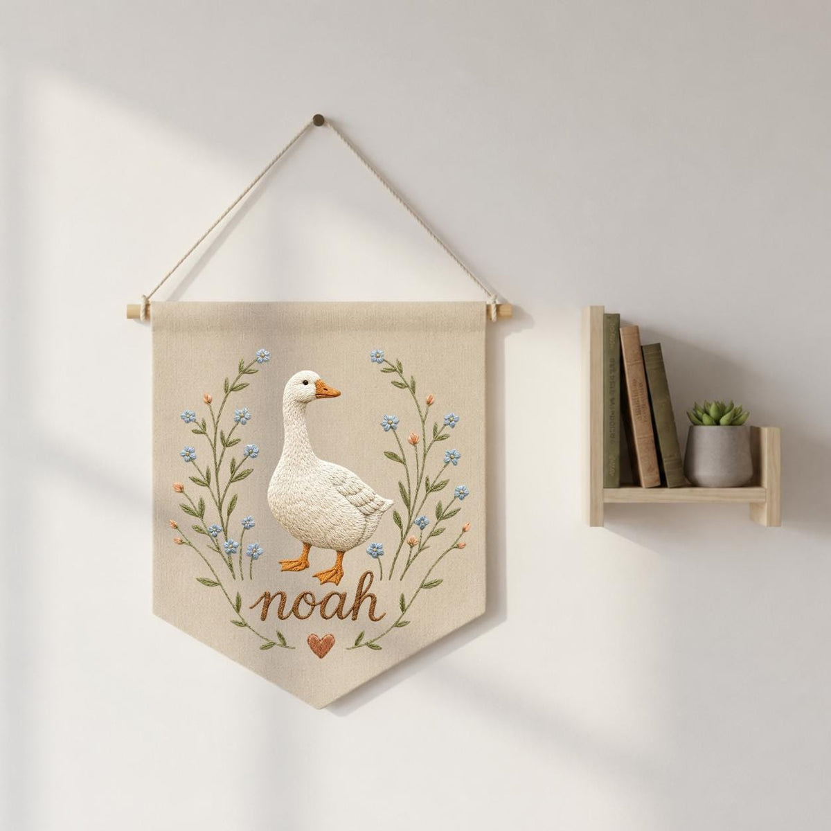Embroidered Goose Nursery Banner, Custom Name Wall Hanging, Hemp Fabric Decor